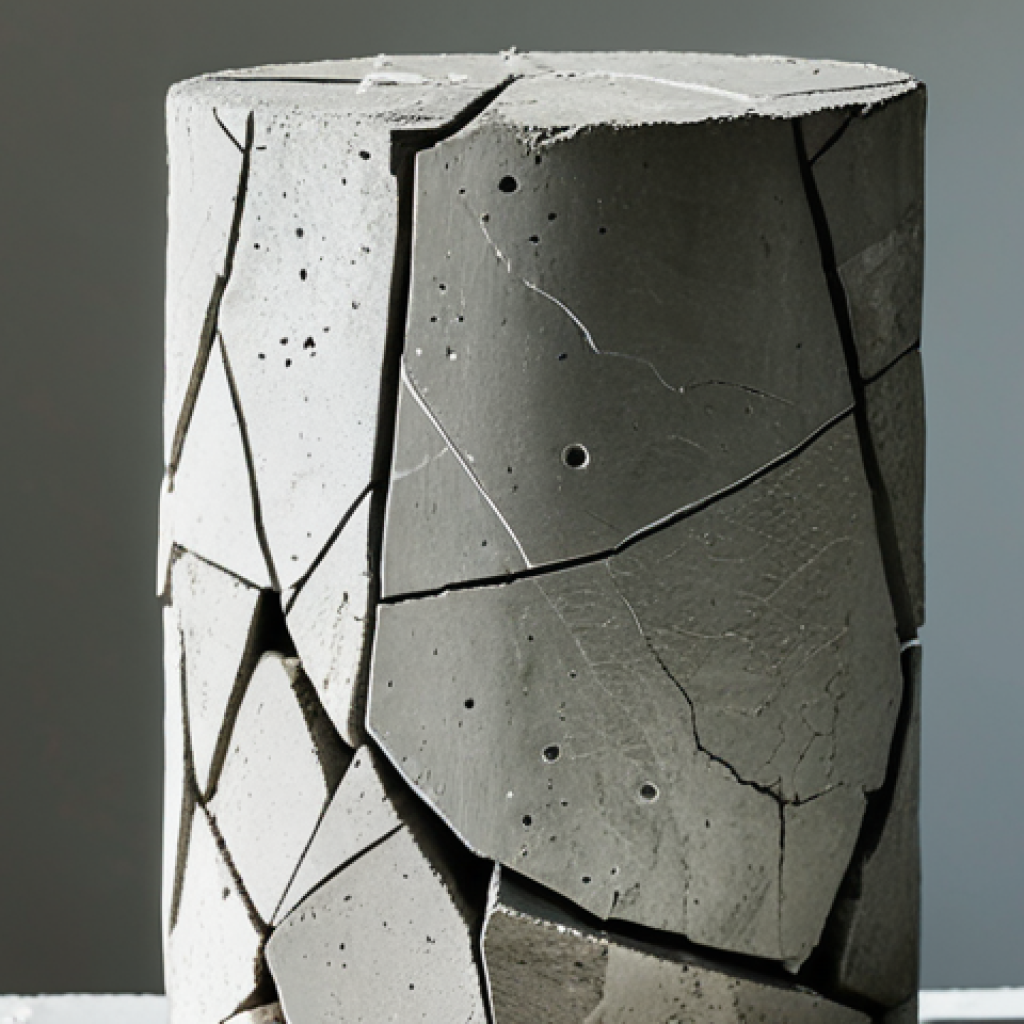 ** A fractured concrete cylinder after a compression test. Focus on the irregular break pattern and the fragmented pieces. Indicate the force being applied from above.

**
