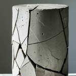 ** A fractured concrete cylinder after a compression test. Focus on the irregular break pattern and the fragmented pieces. Indicate the force being applied from above.

**
