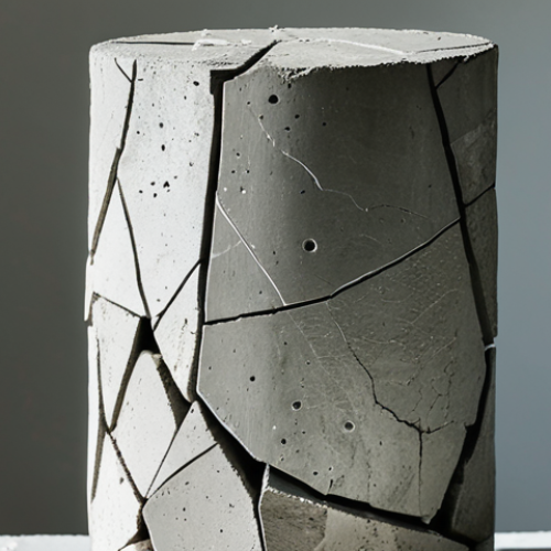 Home 4 ** A fractured concrete cylinder after a compression test. Focus on the irregular break pattern and the fragmented pieces. Indicate the force being applied from above.
**