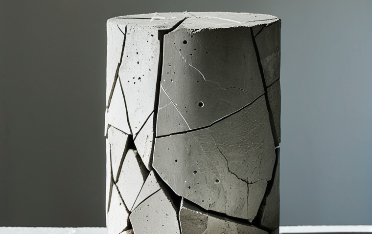 ** A fractured concrete cylinder after a compression test. Focus on the irregular break pattern and the fragmented pieces. Indicate the force being applied from above.
**