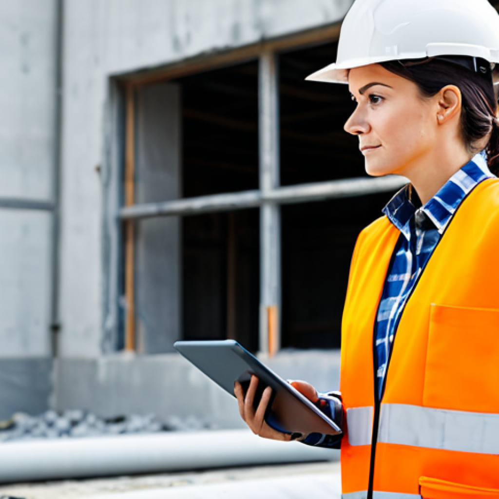 A professional female construction materials testing technician, wearing a professional safety vest and hard hat over modest work attire, fully clothed. She stands on a modern construction site, holding a ruggedized tablet, observing smart sensors embedded in a concrete pour, with other construction elements visible in the background. The scene is well-lit, professional photography, high-resolution, sharp focus, perfect anatomy, correct proportions, natural pose, well-formed hands, proper finger count, natural body proportions, safe for work, appropriate content, family-friendly.