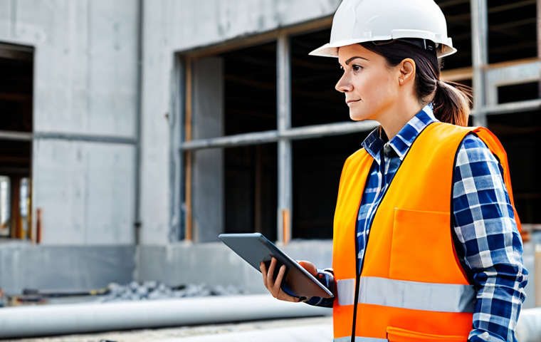 A professional female construction materials testing technician, wearing a professional safety vest and hard hat over modest work attire, fully clothed. She stands on a modern construction site, holding a ruggedized tablet, observing smart sensors embedded in a concrete pour, with other construction elements visible in the background. The scene is well-lit, professional photography, high-resolution, sharp focus, perfect anatomy, correct proportions, natural pose, well-formed hands, proper finger count, natural body proportions, safe for work, appropriate content, family-friendly.