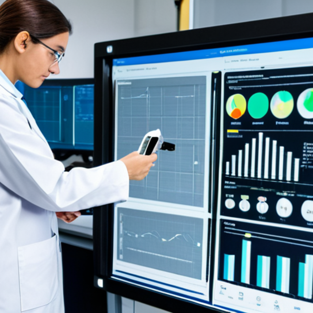 A professional adult female materials testing engineer in a clean, modest lab coat, standing in a state-of-the-art materials testing laboratory. She is focused on a large digital display showing real-time data analytics and IoT sensor readings related to concrete curing. In the background, automated robotic arms are seen performing precise tests on material samples, and other cutting-edge diagnostic equipment is visible. The environment is modern, well-lit, and highlights technological innovation. She has perfect anatomy, correct proportions, and a natural pose with well-formed hands and proper finger count. professional dress, fully clothed, appropriate attire, safe for work, appropriate content, professional, modest, high quality professional photography.