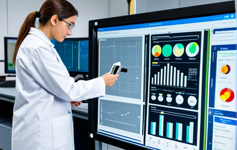 A professional adult female materials testing engineer in a clean, modest lab coat, standing in a state-of-the-art materials testing laboratory. She is focused on a large digital display showing real-time data analytics and IoT sensor readings related to concrete curing. In the background, automated robotic arms are seen performing precise tests on material samples, and other cutting-edge diagnostic equipment is visible. The environment is modern, well-lit, and highlights technological innovation. She has perfect anatomy, correct proportions, and a natural pose with well-formed hands and proper finger count. professional dress, fully clothed, appropriate attire, safe for work, appropriate content, professional, modest, high quality professional photography.