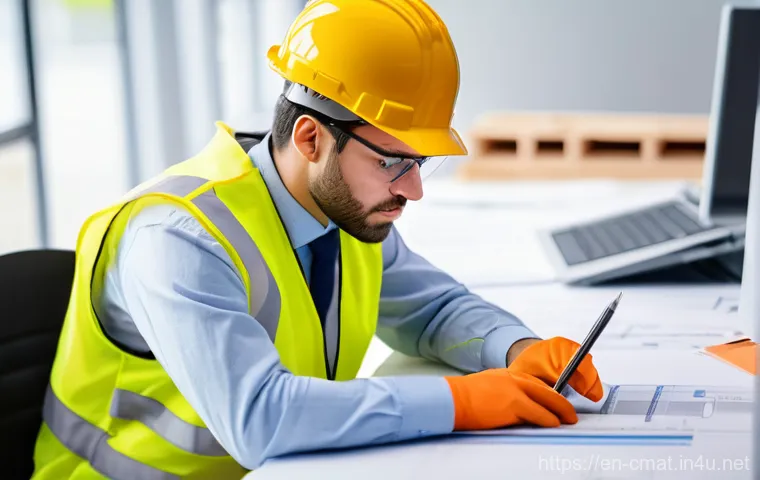 건설재료시험기사와 관련된 취업 포털 정보 - **Prompt:** A focused, professional construction materials testing technician, wearing a clean, fitt...