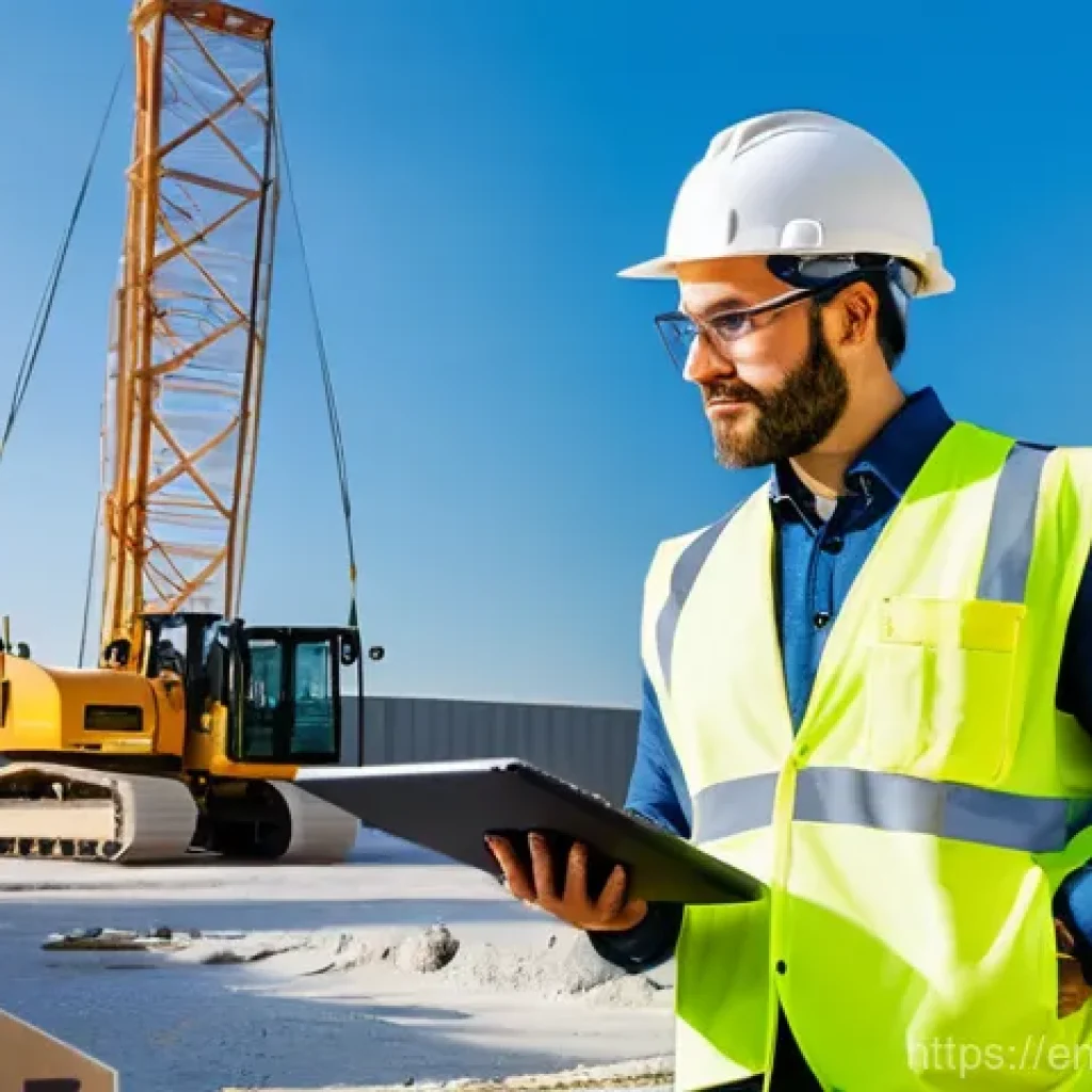 건설재료시험 기술자의 직업 변화 사례 - **Digital Construction Technician on Site:** A male construction materials testing technician in his...