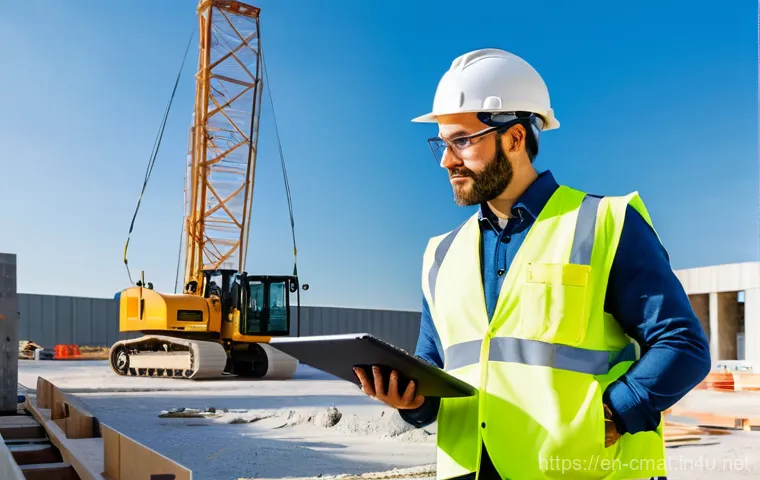 건설재료시험 기술자의 직업 변화 사례 - **Digital Construction Technician on Site:** A male construction materials testing technician in his...