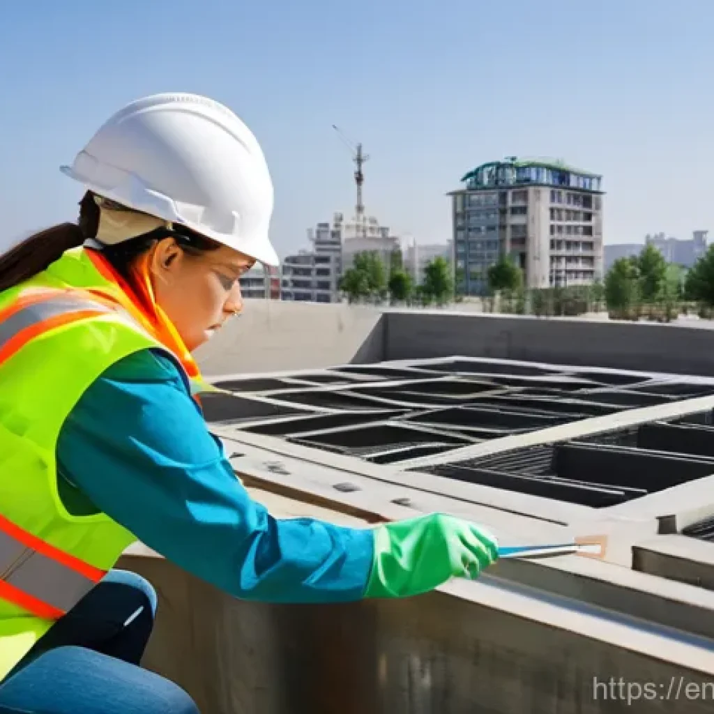 건설재료시험 기술자와 탄소중립 건축 자재 - **Prompt:** A focused female construction material testing technician, wearing a hard hat, safety ve...