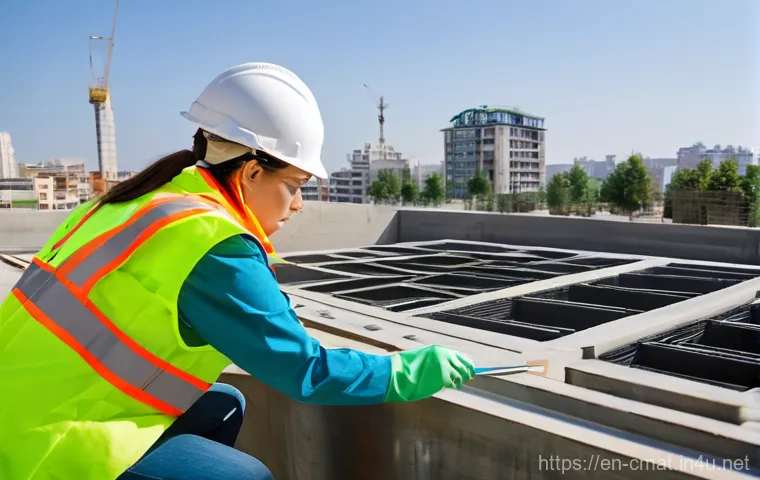 건설재료시험 기술자와 탄소중립 건축 자재 - **Prompt:** A focused female construction material testing technician, wearing a hard hat, safety ve...