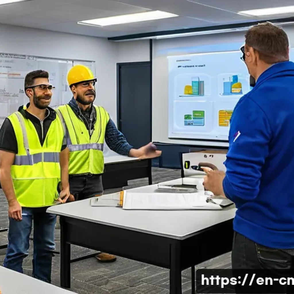 건설재료시험기사 시험 합격률 분석 - A modern classroom setting where diverse adult professionals are engaged in a hands-on construction ...