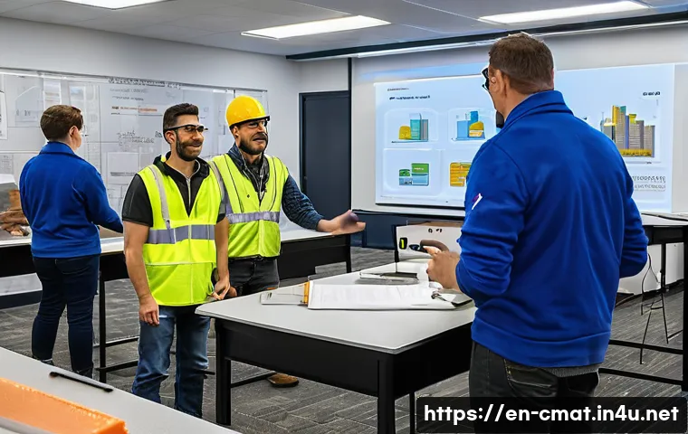 건설재료시험기사 시험 합격률 분석 - A modern classroom setting where diverse adult professionals are engaged in a hands-on construction ...