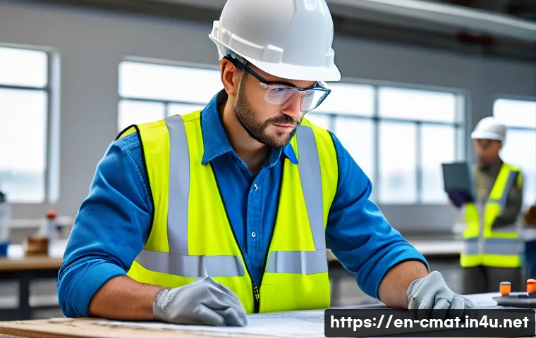 건설재료시험 자격증의 장점과 활용 - A professional construction materials tester in safety gear (hard hat, safety vest, gloves) carefull...