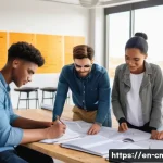 Home 20 건설재료시험기사 시험 공부 방법 - A bright, modern study room scene featuring a diverse group of young adults actively engaged in lear...