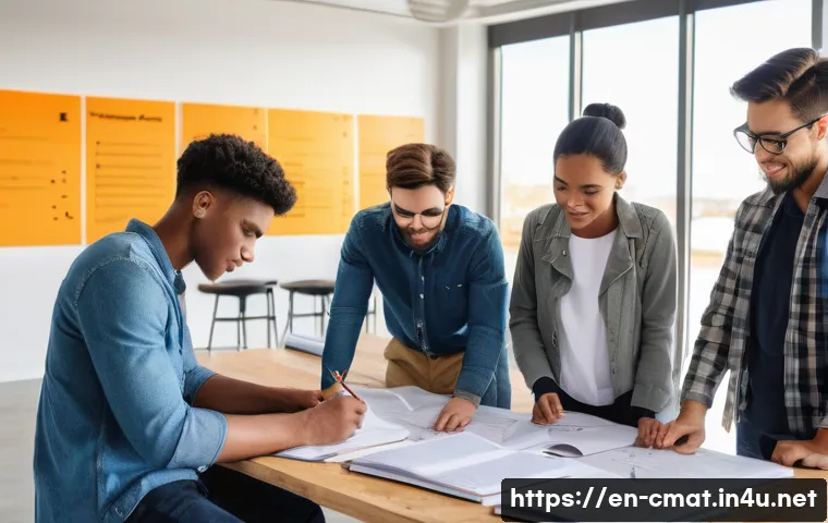 건설재료시험기사 시험 공부 방법 - A bright, modern study room scene featuring a diverse group of young adults actively engaged in lear...