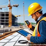 Home 18 건설재료시험기사와 건설 품질 관리의 융합 기술 - A modern construction site featuring engineers using handheld ultrasonic testers and portable spectr...