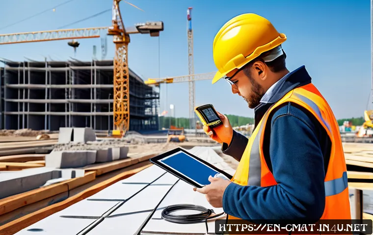 건설재료시험기사와 건설 품질 관리의 융합 기술 - A modern construction site featuring engineers using handheld ultrasonic testers and portable spectr...