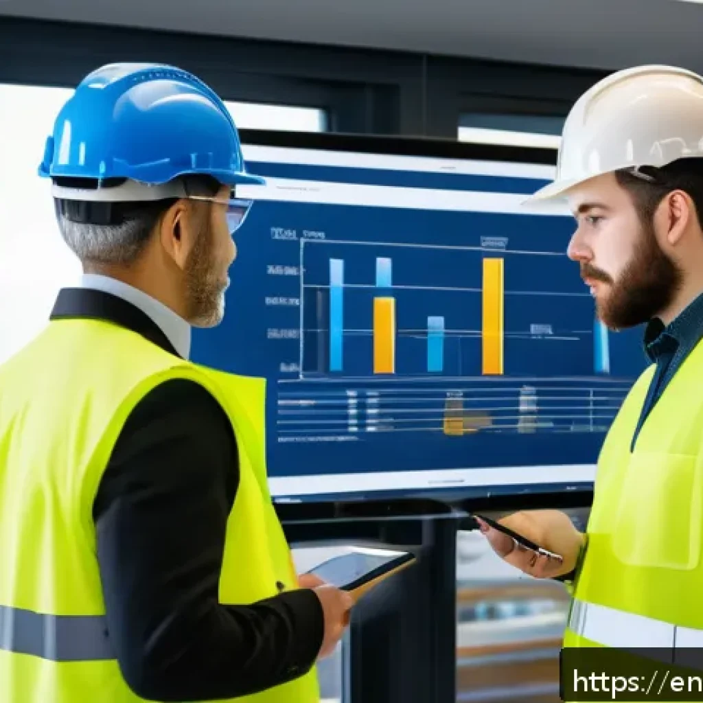 건설재료시험기사의 필수 소프트 스킬 - A professional construction materials tester in a modern construction site office, engaging in clear...