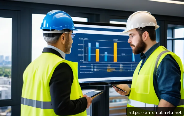 건설재료시험기사의 필수 소프트 스킬 - A professional construction materials tester in a modern construction site office, engaging in clear...